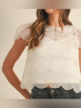 MABLE Cream Scalloped Sheer Peter Pan Collar Blouse NWT - Size M